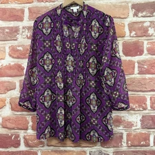 Charter Club Top Womens Large Purple Multicolor Boho Floral Sheer Shirt