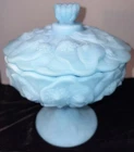 FENTON BLUE MILK GLASS LIDDED PEDESTAL COMPOTE DISH in WATER LILLY PATTERN!