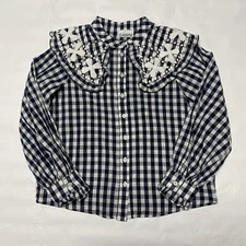 Ganni Oversized Collar Ruffle Gingham Floral Shirt Blouse Medium Blue White Bode