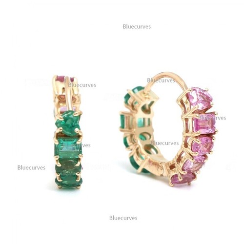 4x3mm Multi Shape Real Half Pink Sapphire & Half Emerald Hoops Earrings 14k Gold - Picture 8 of 8