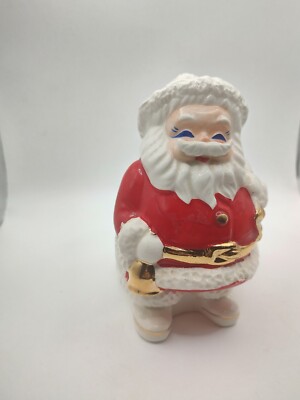 Vintage ITC MCM Santa Claus Ceramic Bank Gold Trim Blue Eyes Stopper Japan 5''H