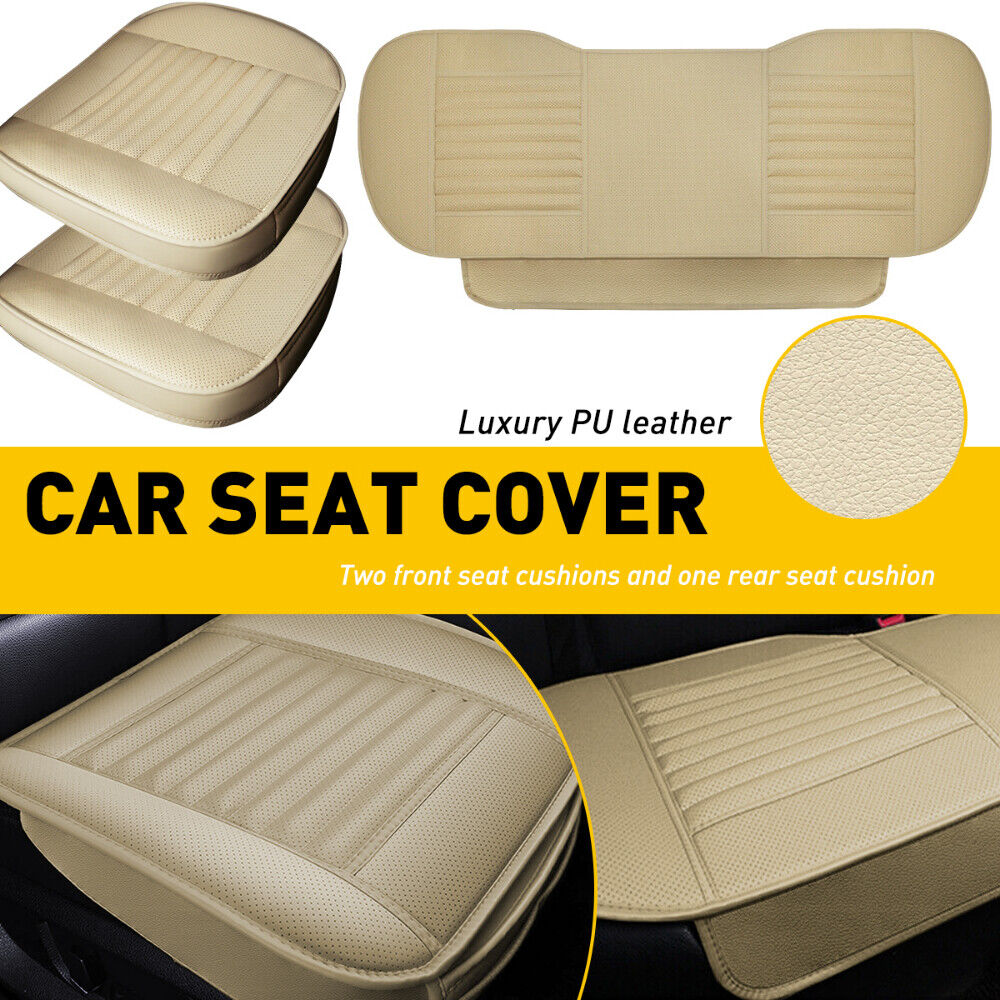 3x Front Seat Car Cover Pad Mat Leather Beige Cushion Chair Protector Waterproof