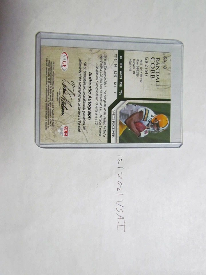 2011 Sage Randall Cobb Signed Card JSA Auct  - Image 2 of 2