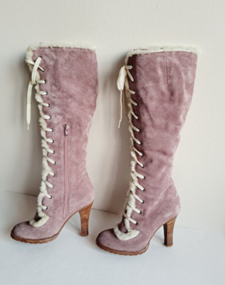 Marc Jacobs Castoro Fur Lined Lace up Pink Suede Boots Size 37 / US 7