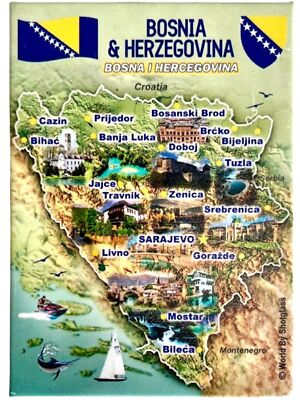 Bosnia & Herzegovina Graphic Map and Attractions Souvenir Fridge Magnet 2.5X3.5