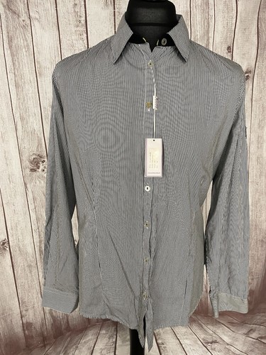 "Camisa informal ajustada Milano Italia para hombre parches en el codo a rayas negra blanca 44"" 46" - Imagen 9 de 24