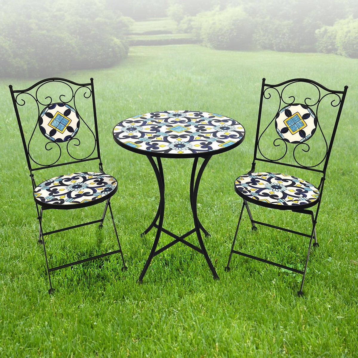 Mosaik Gartenset Gartenstühle Mosaiktisch wählbar Rustikal Rund klappbar