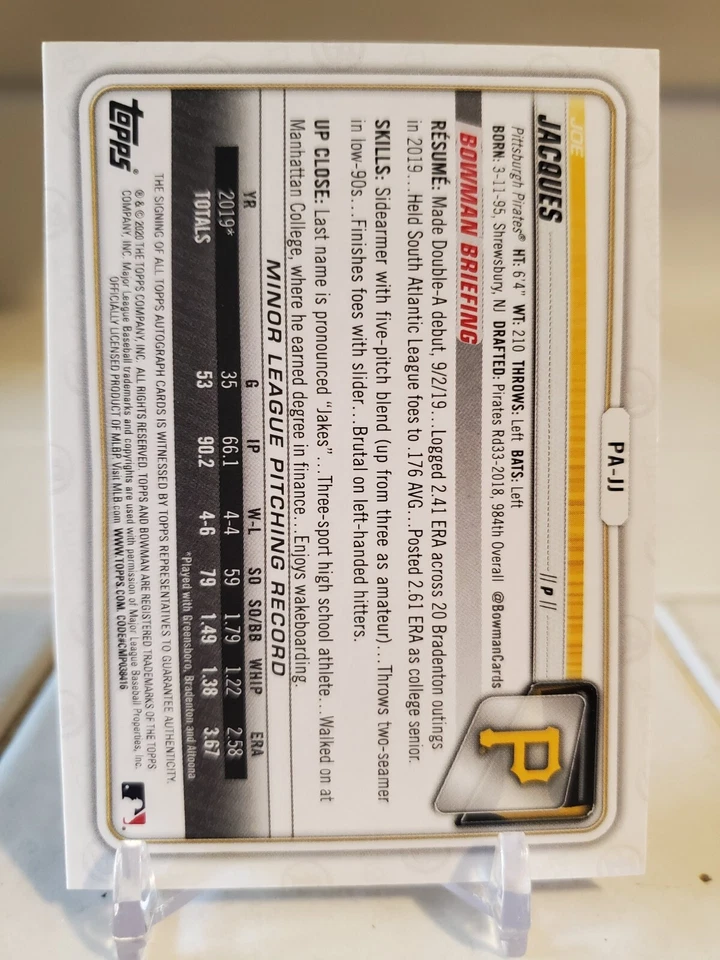 2020 Bowman JOE JACQUES #PA-JJ Autograph Card Auto Rookie ARIZONA RED SOX SP PIT - Image 2 of 2