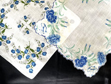 VTG 1950S LADIES HANDKERCHIEFS, BLUE CARNATIONS  SMALL BLUE TULIPS, NEVER USED