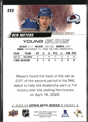 22/23 2022-23 Upper Deck Young Guns #222 Ben Meyers Avalanche - Picture 2 of 2