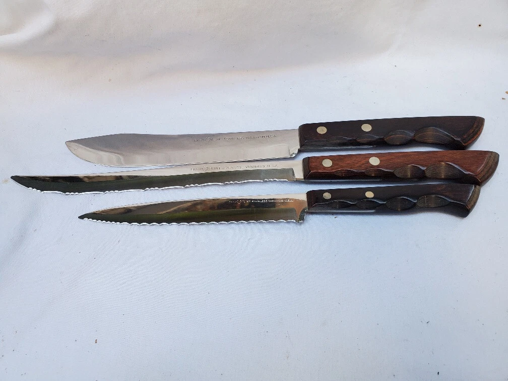 3 Vtg Ekco Flint Stainless Vanadium 6" & 8" Serrated and 7" Knives, Mint, US