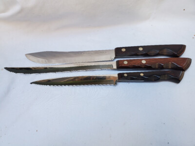 3 Vtg Ekco Flint Stainless Vanadium 6'' & 8'' Serrated and 7'' Knives, Mint, US