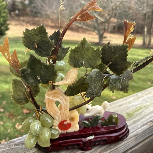 Jade Grape Bonsai Tree Sculpture Vine Marble Stone China Asia Squirrel And Bird - Picture 12 of 17