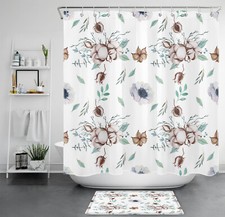 Rustic Plant Green Leaf White Floral Shower Curtain Bathroom Accessories Set