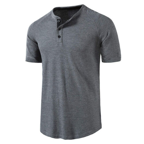 Mens Henley Shirts Short Sleeve Ribbed Buttons Grandad Casual T Shirt Tops Tee - Picture 13 of 26