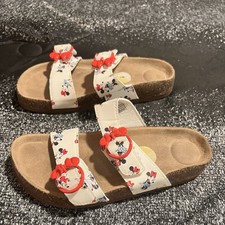 Girls sz1 Disney Minnie Mouse White Double-Strap Slide Sandals w/ Red Bow Buckle
