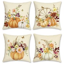 Fall Thanksgiving Throw Pillow Covers 18 x 18 Inch Beige Orange Pumpkins Leav...