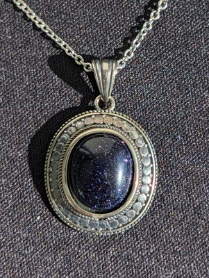 Sterling Silver Blue Goldstone Pendant Necklace Adjustable 18 20''