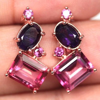 925 Silber 7 x 9 Mm. Stickstoffhaltiger Pink Topas,Amethyst & Rhodolith Ohrringe