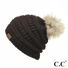 C.C Brown Ribbed Hat With Faux Fur Pom