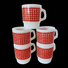 💠 Fire King Red Gingham Check Stackable Milk Glass Mugs — Set of 5 — Vintage