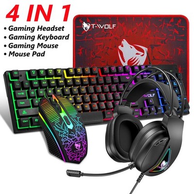 4 IN 1 PC Gaming Keyboard Mouse Gaming Headset Set RGB LED Backlit w/ Mouse Pad