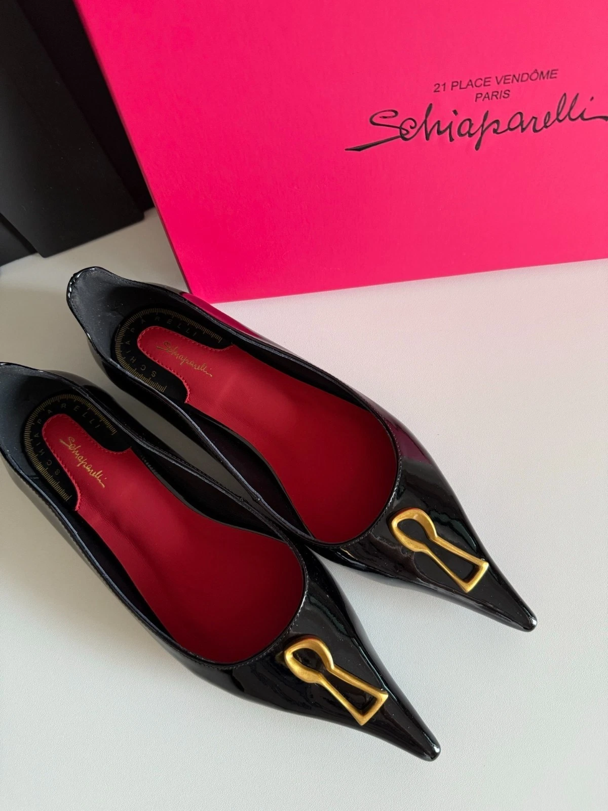 Schiaparelli Black Leather Ballerina Shoes. With Box and Dust Bag.