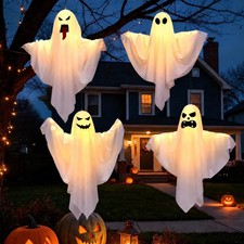 Halloween Decorations Outdoor Indoor,4 Pack Warm Light Up Hanging Ghost Decor...