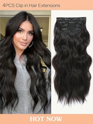 4pcs Clip In Hair Extensions 20inch Wavy Black-Brown Synthetic Full Head