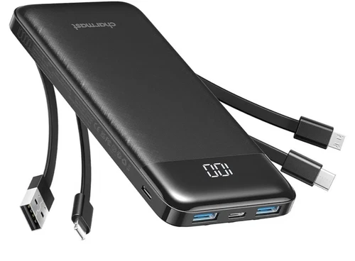 Charmast Power Bank 10000mAh USB-C with Built-In Cables Black