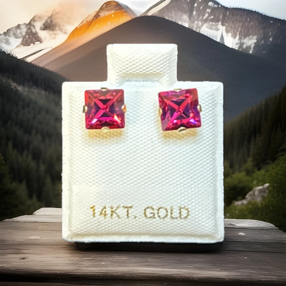 14 k Gold 6 mm Square Ruby earrings ￼ lab created - Image 4 of 4