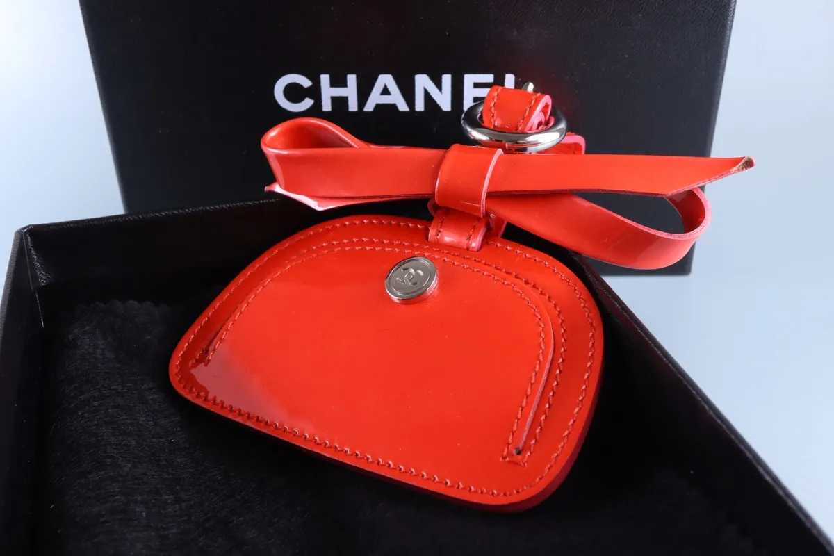 Chanel Name & Address Tag Bag Charm Patent Leather Red 4" Width  w/Box