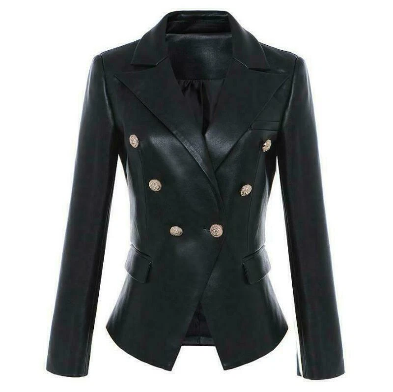 Black leather blazer with gold buttons cheap