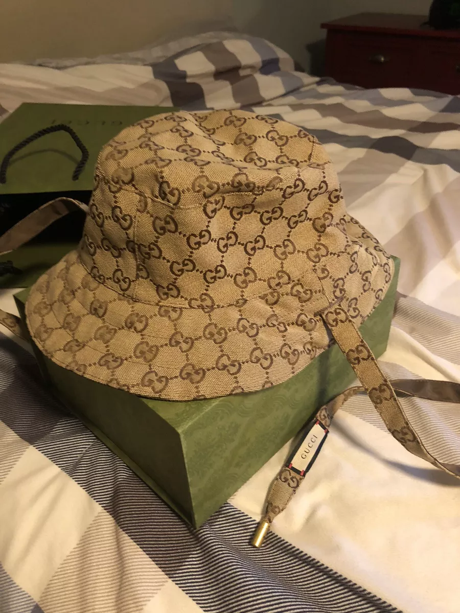 Gucci GG Monogran Pattern Reversible Bucket Hat Brown w/ Tie Size M