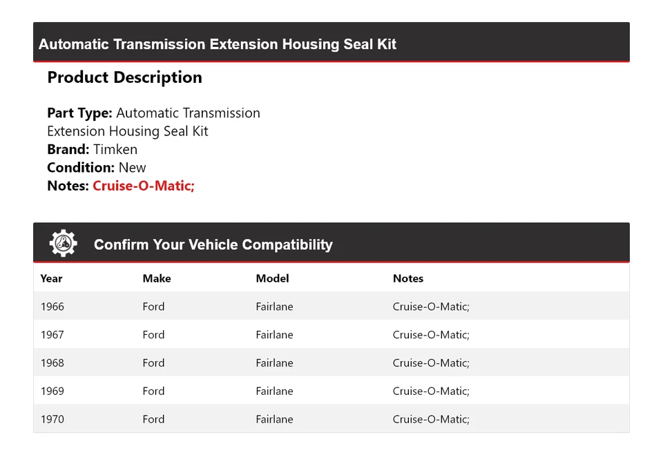Kit de sellado de carcasa de extensión de transmisión automática para Ford Fairlane 1966-1970 Timken 1967 Foto 2 de 4