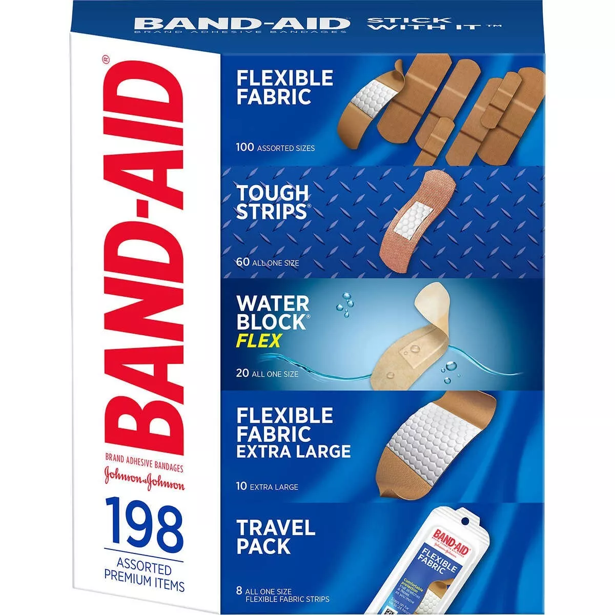 Band-Aid Assorted Adhesive Bandages 198 Count Variety of Sizes + 8 Travel  Packs.