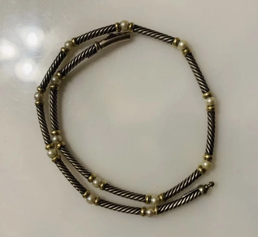 Collar de cable clásico estación de perlas David Yurman en oro amarillo y plata de 14 K Foto 3 de 4