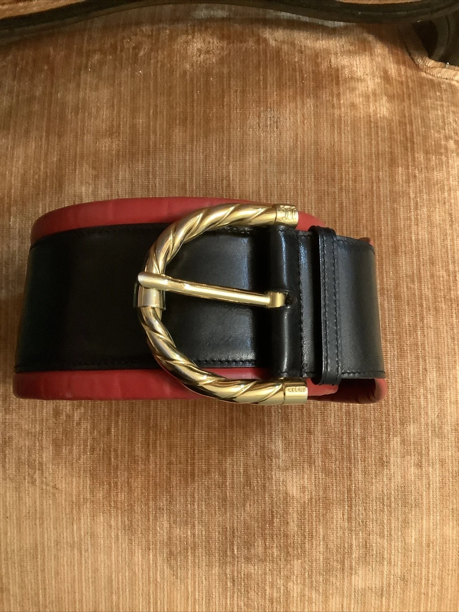CELINE Vintage Wide Belt Big Buckle Leather Black & Red Size S-M