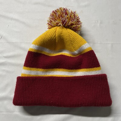 Vintage 90s Beanie Hat Winter Skiing Hipster Pom Pom Acrylic Knitwear Red Yellow