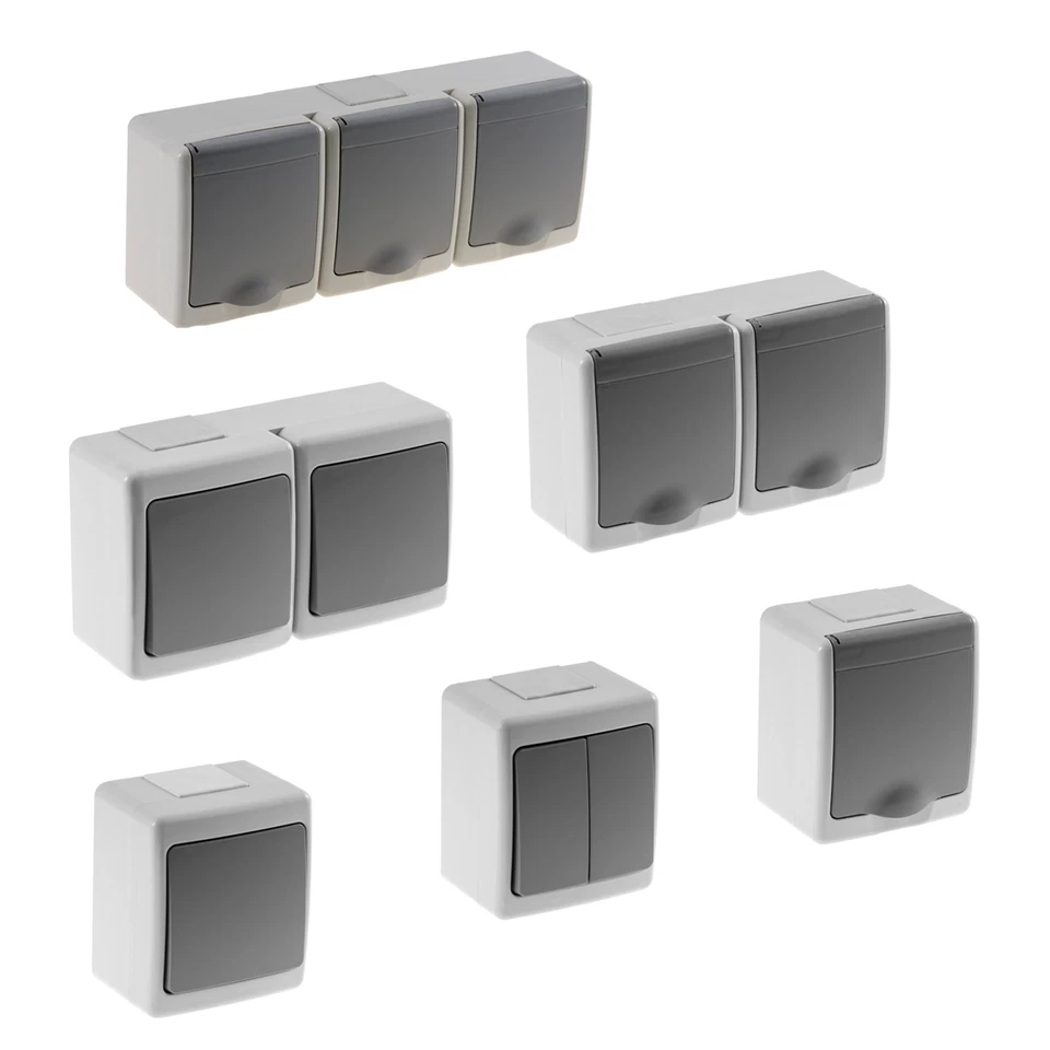 PAWBOL Aufputz / Lichtschalter / Doppelschalter / Steckdose / IP44 Feuchtraum 💦 / grau