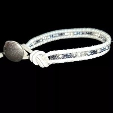 Gray Silver tone Crystal Leather Single Wrap Bracelet 7.5"