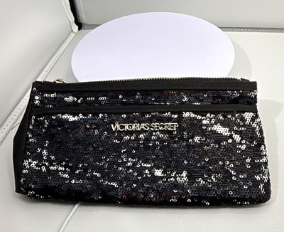 Victoria's Secret Black Sequin Makeup Bag / Pouch with Zipper Closure