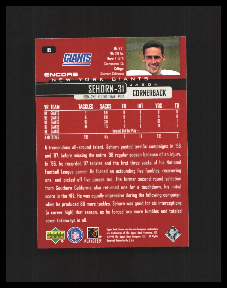 1999 Jason Sehorn - Upper Deck Encore #115 - S1B3R3L54C7 - Image 2 of 2