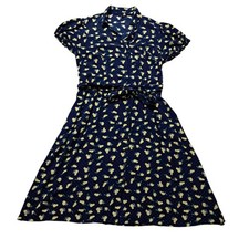 Talbots Shirt Dress Womens 18W Blue Midi Lemon Polka Dot Button Front Belted