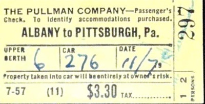Albany NY Pittsburgh PA The Pullman Company Train Ticket Stub Stamped 11/7/1946