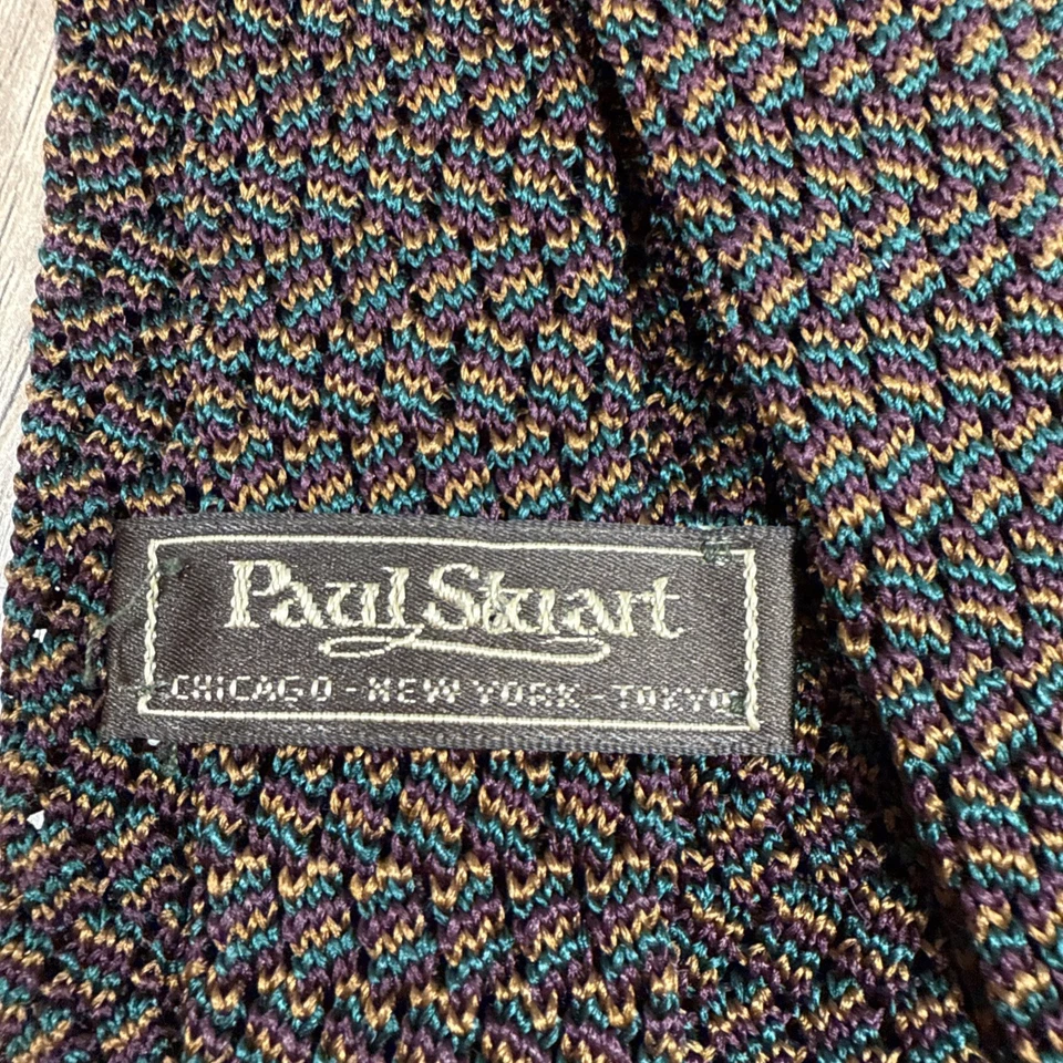 Paul Stuart 男式针织/钩针领带意大利制造蓝绿色紫色和青铜 Seta 真丝 — 第 3/4 张图片