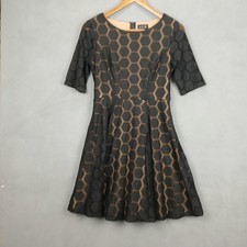 AUW Honeycomb Mesh Fit & Flare Dress Womens 8 Black Lined Geometric Round Neck