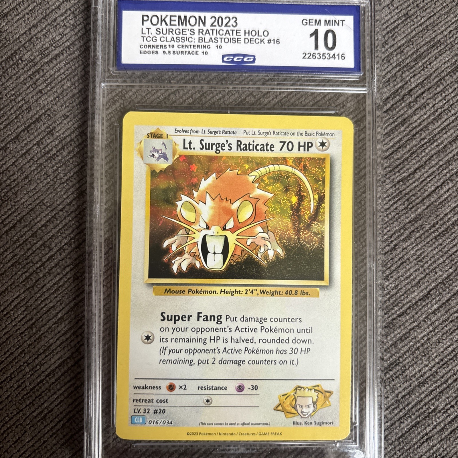 CCG 10 GEM MINT Lt. Surge's Raticate 016/034 TCG Classic Blastoise Deck Pokémon