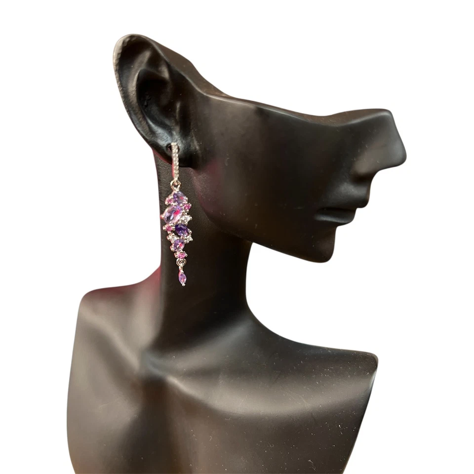 orecchini  pendente donna argento 925 anallergico zirconi viola lilla - Immagine 2 di 3