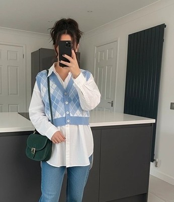 Argyle Sweater Vest 14 16 Sleeveless Jumper Top Blue White Size